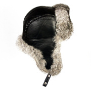 Шапка кожаная ушанка с серым кроликом